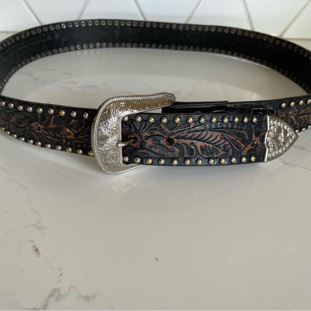 LG Black and Brown Embossed Belt with Silver Buckle
